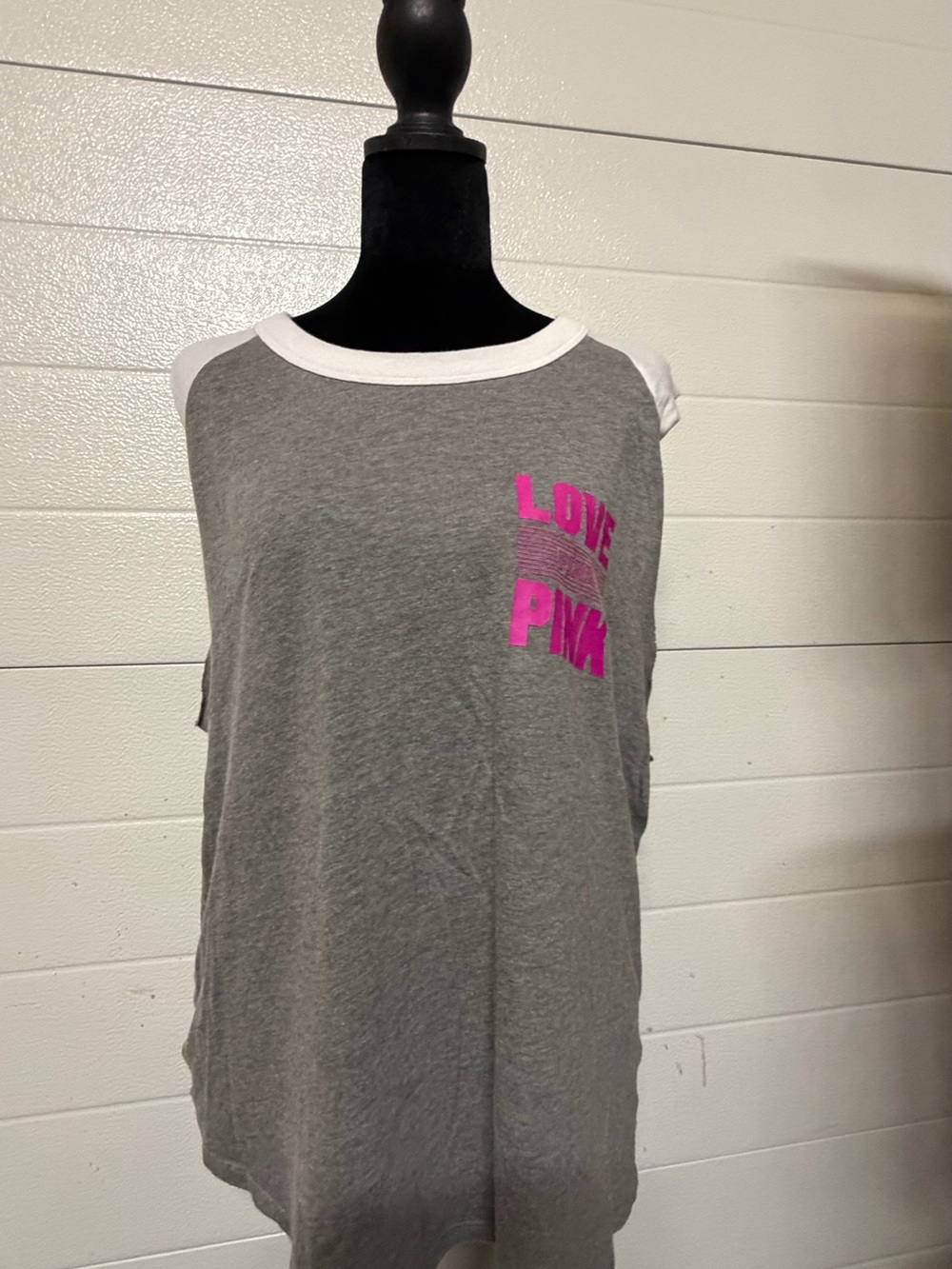 Victoria's Secret Gray Tank Top with White Trim and Pink "LOVE PINK" Graphic